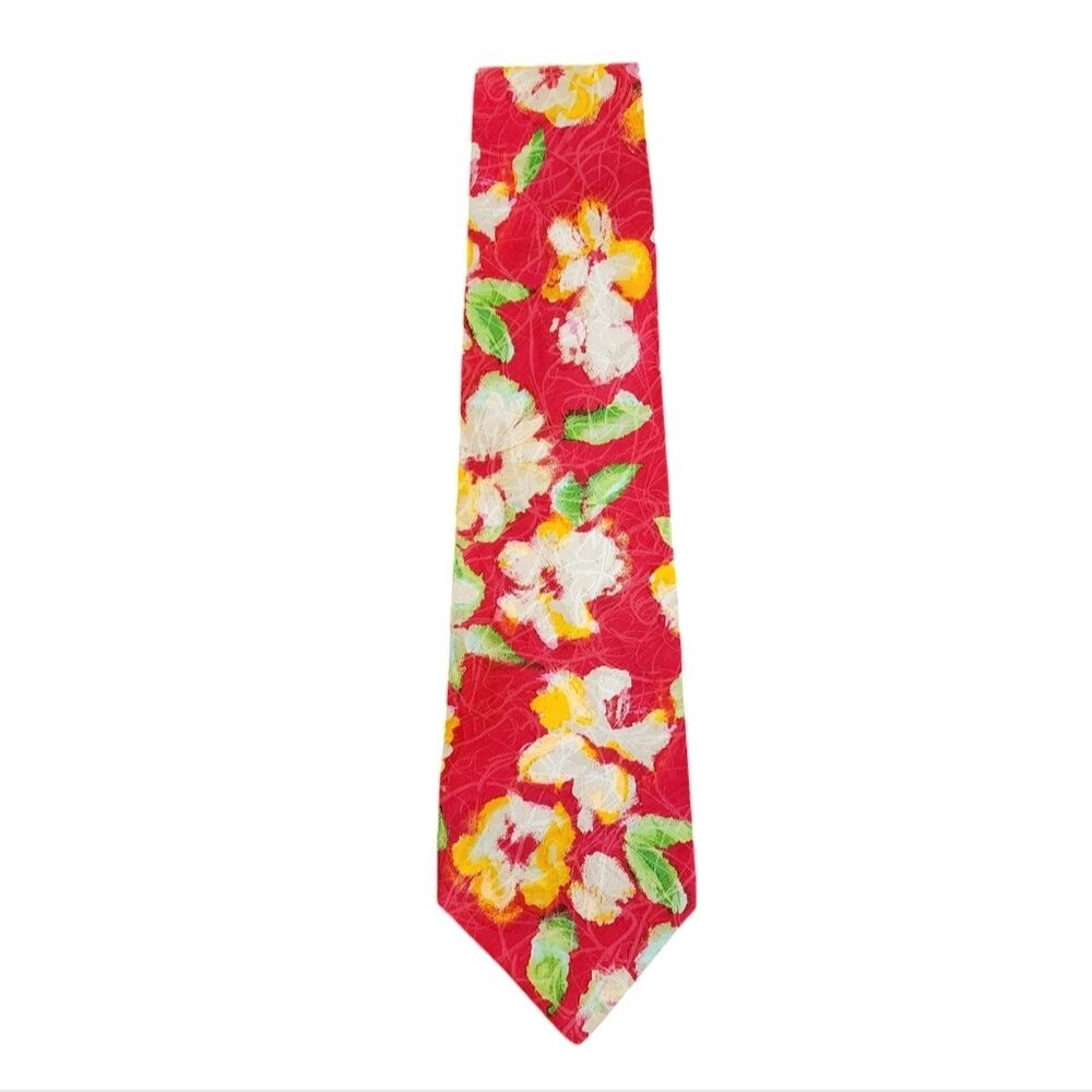 Structure Tie Mens 100% Silk Red Yellow Green Floral 54" U.S.A. Office Party